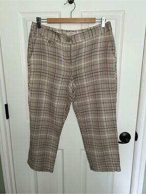 LOFT Taupe and Cream Plaid Cropped Cuffed Pants